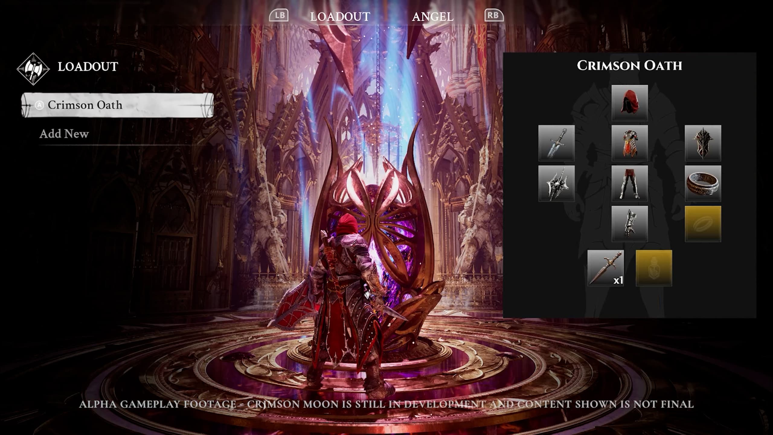 Official pre-release Crimson Moon loadout screen showing equipped gear